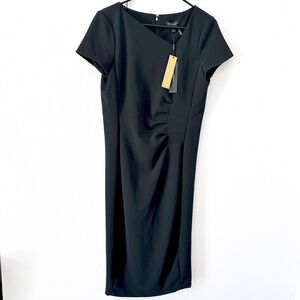 NEW Donna Karan Black Cap Sleeve Ruched Waist Asymmetric Neckline Women's 10